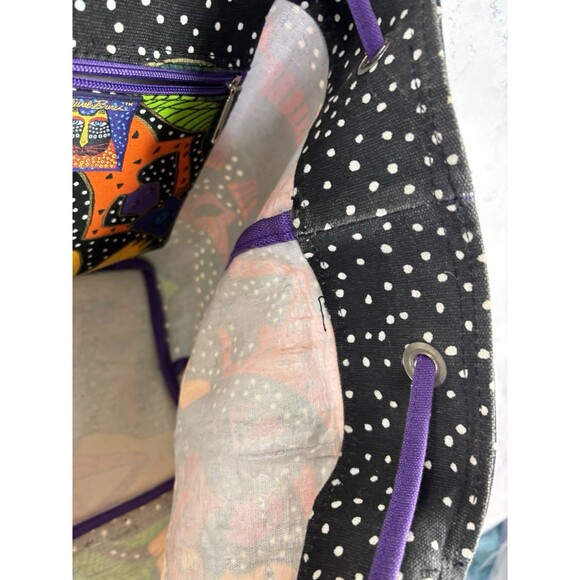 Vtg 90s LAUREL BURCH Tote Bag Drawstring Bucket Canvas Cat Retro Folk Art Artist - Picture 8 of 16